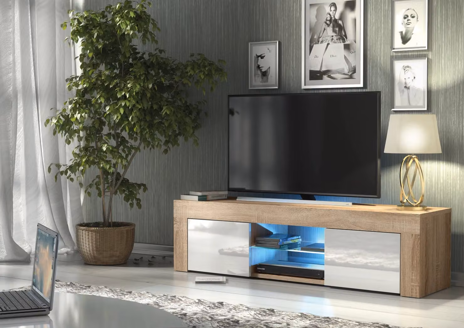 Mex Furniture LTD Modern Glossy TV Unit with LED Lights in Light Oak, W: 130 cm, D: 35 cm, H: 35 cm – 3