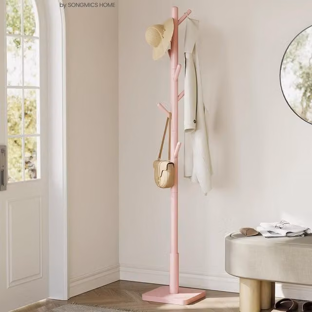 VASAGLE Red Solid Wood Freestanding Coat Tree with 8 Hooks, H 175 x W 30 x D 30 cm