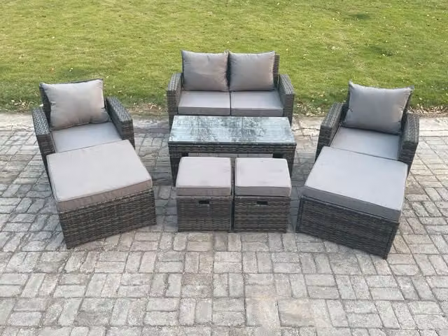 Fimous High Back Rattan Garden Furniture Set in Dark Grey with Rectangular Coffee Table, Armchairs, and Footstools