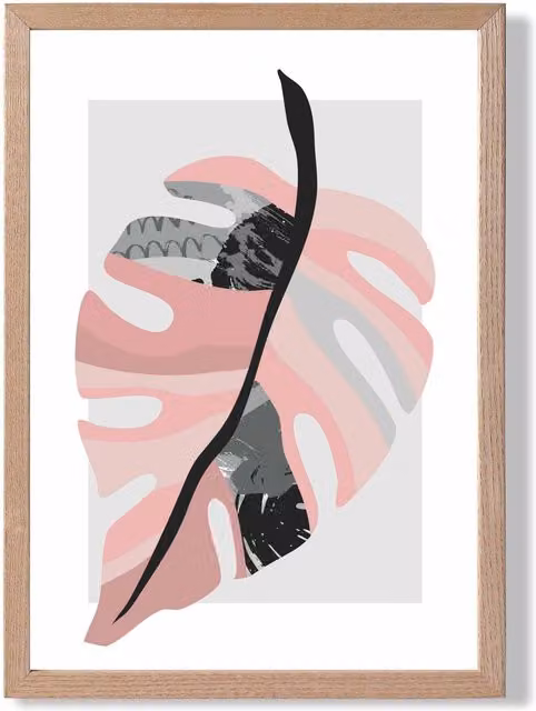 ARTZE Tropical Monstera Grey and Pink Boho Botanical Framed Print with Oak Wood Frame