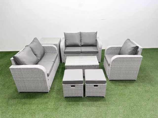 Fimous Grey Poly Rattan Garden Furniture Set with Reclining Chair, Loveseat Sofa, Rectangular Coffee Table and 2 Stools