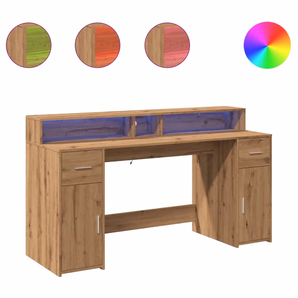 Berkfield Modern Gaming Desk with LED Lights in Artisan Oak Brown, W/D/H: 160 x 55 x 91 cm – 2