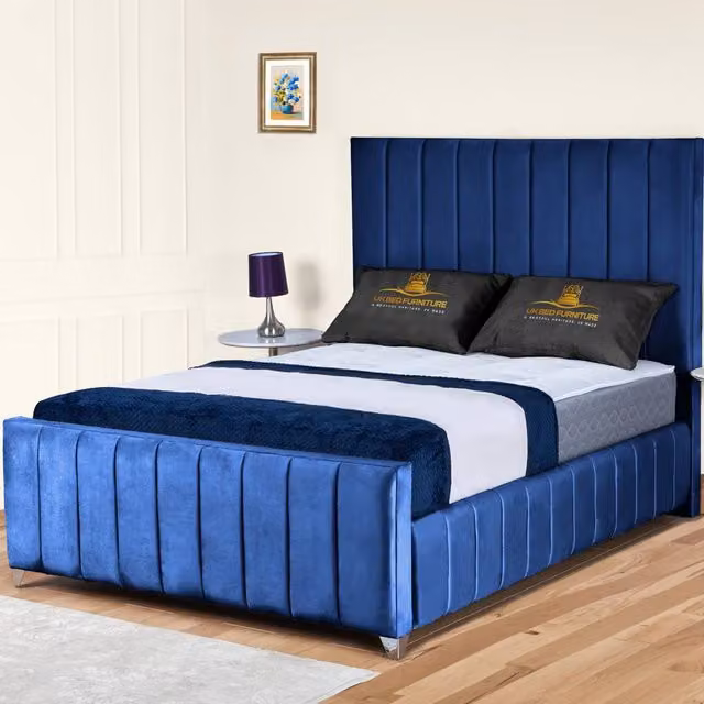 UK Bed Furniture Milano Single Upholstered Slatted Base Bed in Blue Velvet, W/D/H: 90 x 190 cm