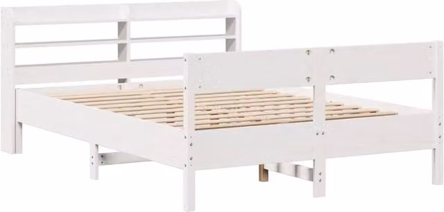 Berkfield Home White Solid Pine Decorative Bed Frame with Bedside Shelf, W/D/H: 140 x 190 x 82 cm