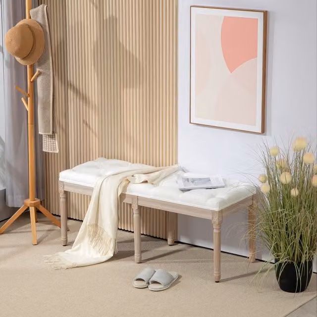 HOMCOM Linen Upholstered Bedroom Bench in White