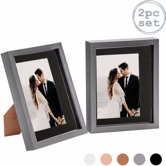 Nicola Spring Pack of 2 Rectangular 3D Box Photo Frames in Grey and Black with 5x7 inch Mount