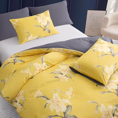 Pamposh Super King Duvet Set, Floral Brushed Microfibre Bedding with Pillowcases, Grey or Yellow, W: 220 cm x L: 260 cm