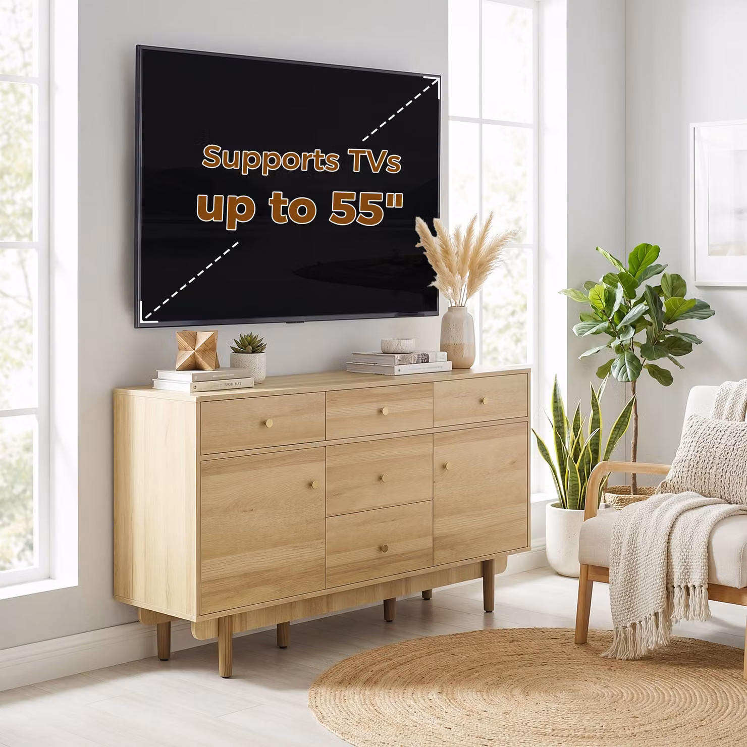 HOMCOM Modern Walnut Sideboard with 5 Drawers and 2 Cabinets and Solid Wood Legs, Width: 136 cm – 3