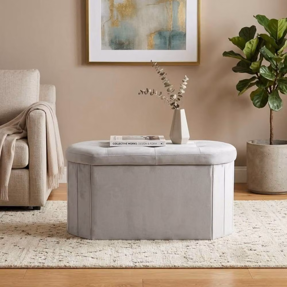 HOME LUXE INTERIOR Grey Velvet Oval Storage Ottoman Padded Bench and Blanket Box – 3