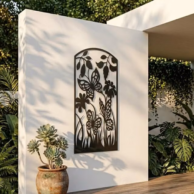 Laser Hut Butterfly Flower Metal Wall Art in Black