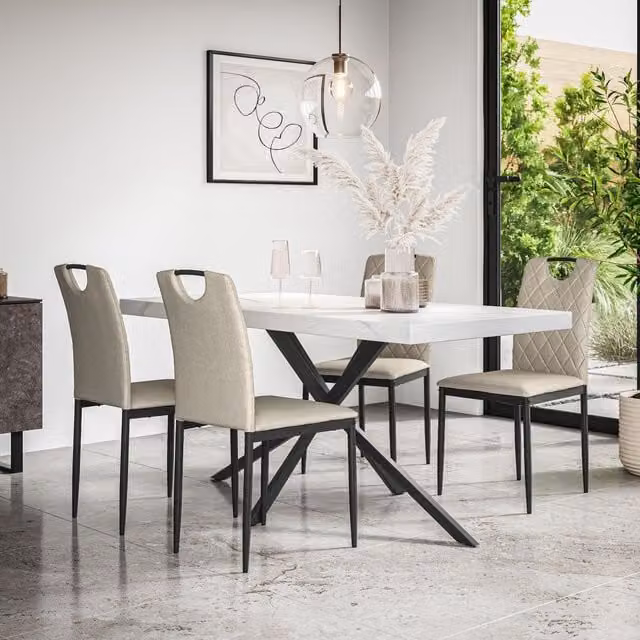 More4Homes Donni Dining Set with White Marble Effect Table and 4 Beige Monza Linen Chairs