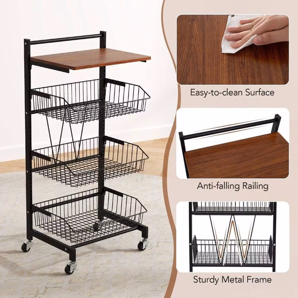 FORGEVIO Modern Black Kitchen Storage Cart on Wheels for Fruit and Vegetable Storage – 3