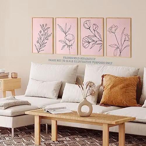 Wee Blue Coo Set of 4 Minimalist Wildflower Outline Wall Art Prints, Black on Pastel Pink, A4 Unframed Paper Posters – 2