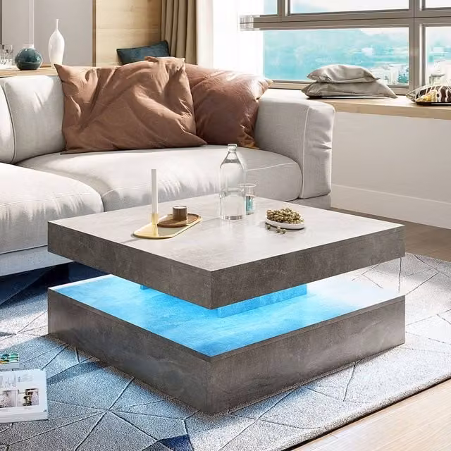 KEEPREAPER Modern Grey Square Coffee Table with Storage and LED Light, W/D/H: 78 x 78 x 40 cm