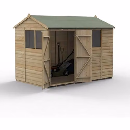 Forest Garden Shiplap Wooden Reverse Apex Shed with 4 Windows and Double Doors in Green and Brown, W: 304.8 cm, D: 182.88 cm, H: 224.47 cm
