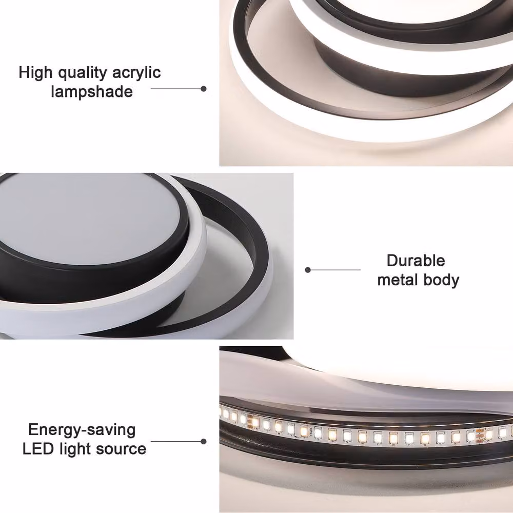 Pheashine Modern LED Dual-Ring Ceiling Light, Dimmable with Remote Control, Black and White, 32W – 4