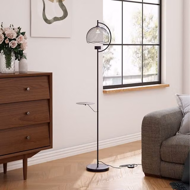 Komore Modern Black Metal Single-Light Floor Lamp with Tray and Mesh Dome Lampshade