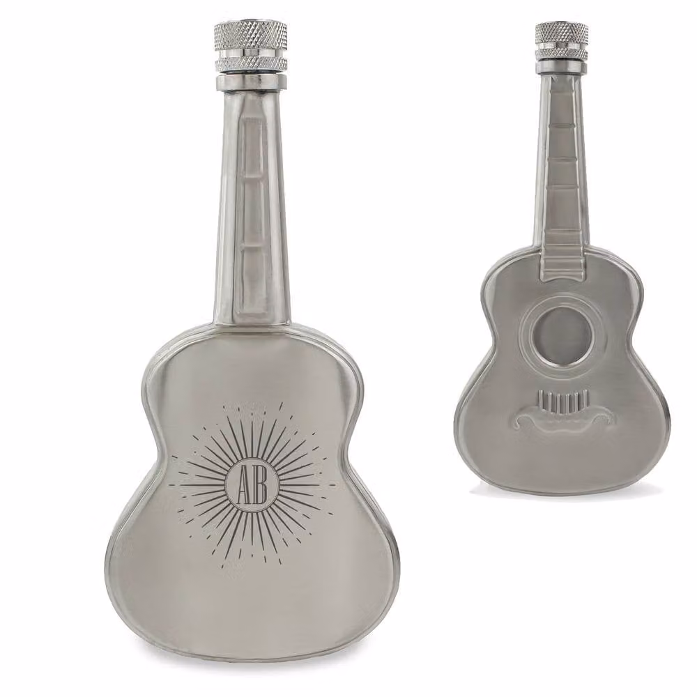 Uniqueful Personalised Engraved Silver Stainless Steel Guitar Sunburst Design Hip Flask, 150 ml