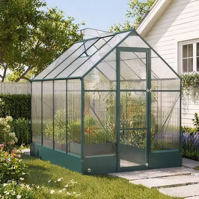 STILVORA Greenhouse with Raised Beds and Temperature Controlled Hinged Window in Transparent and Green, W/D/H: 250 x 219 x 190 cm