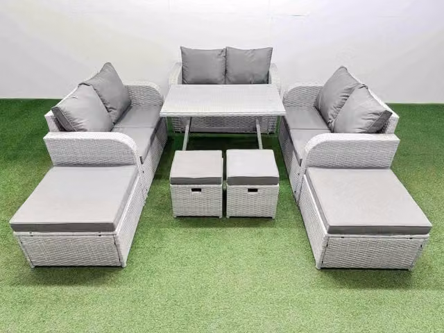 Fimous 10 Seater Patio Garden Furniture Set with Dining Table and Love Sofa in Light Grey