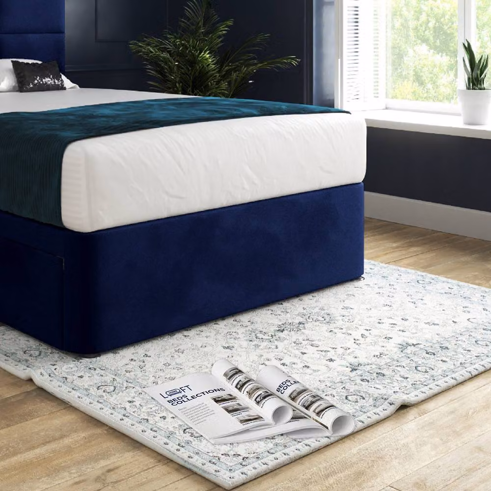 KDMD Isham Blue Velvet Upholstered Designer Bed Frame with Floorstanding Headboard, Super King, W: 200 cm x H: 137 cm – 5