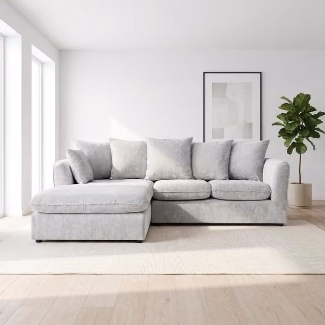 Abakus Direct Lucas Left Facing Corner Sofa in Silver Water Repellent Velvet Chenille