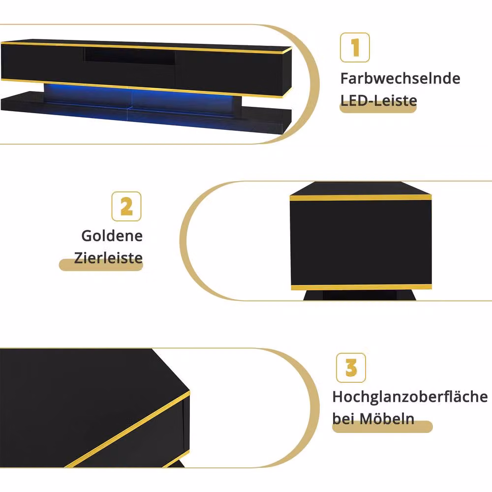Merax Modern High Gloss TV Cabinet in Black and Gold with Integrated LED Lighting and 3 Drawers, W: 180 cm, D: 45 cm, H: 180 cm – 5