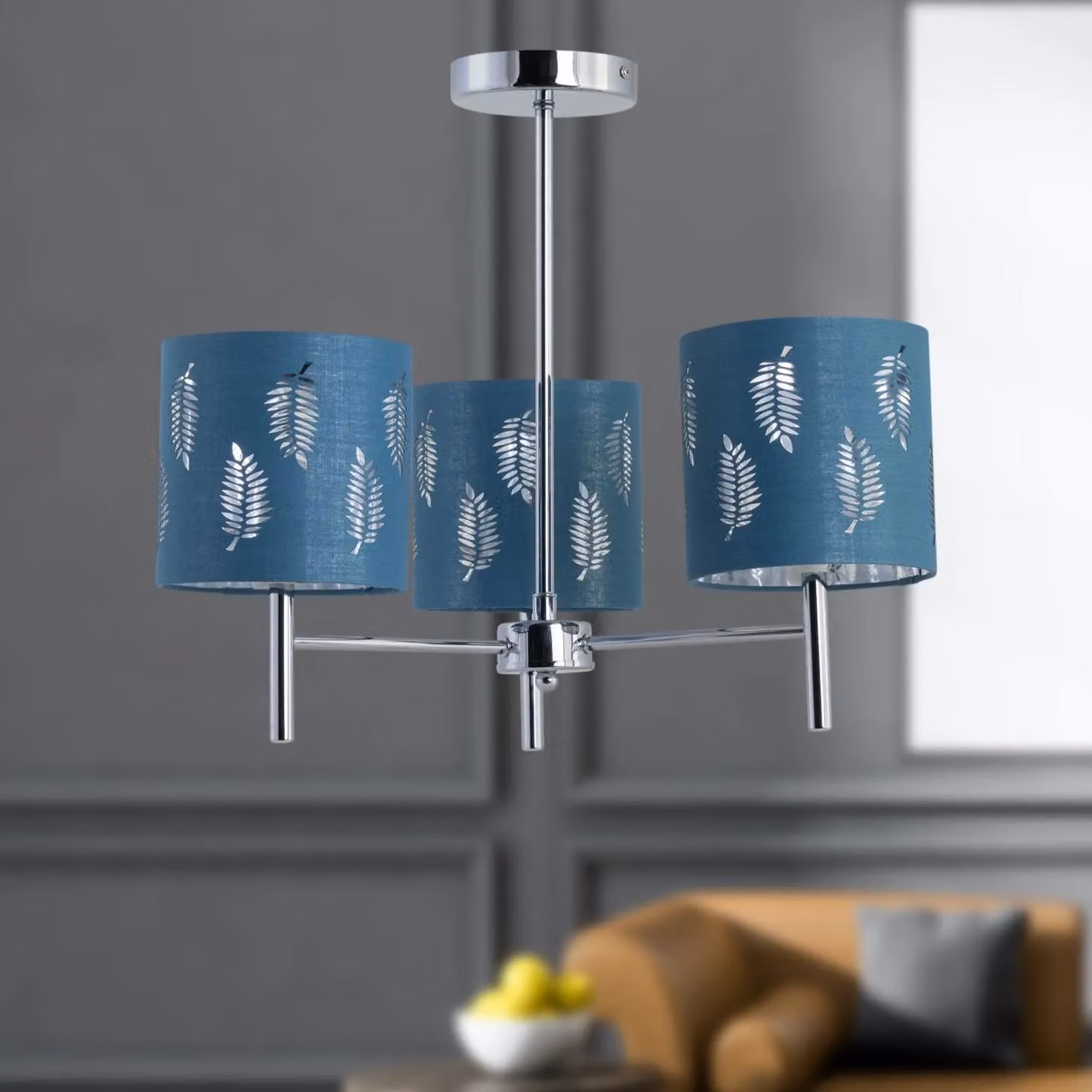 First Choice Lighting Brea Chrome 3 Light Ceiling Fitting with Teal Fabric Shades – 4