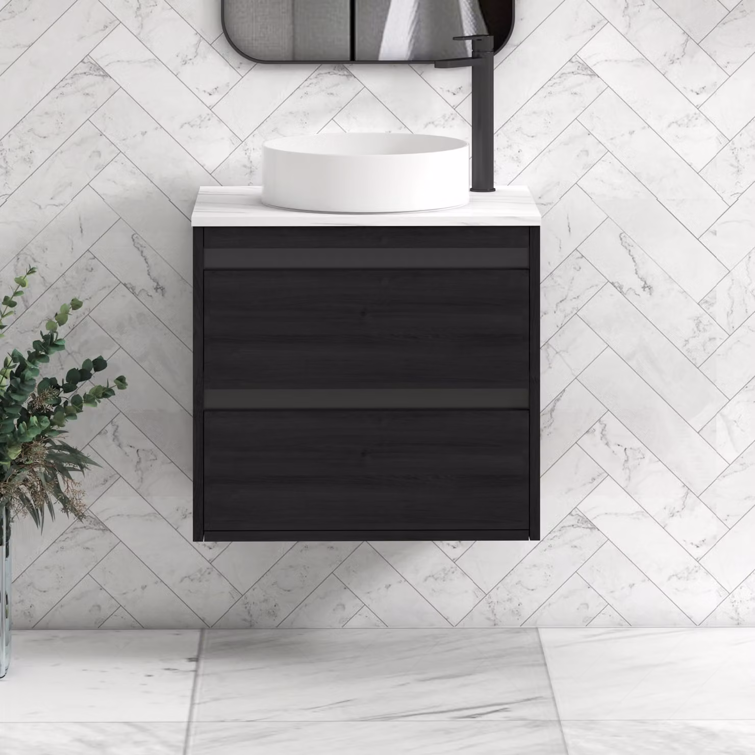 Royal Bathrooms Orion 600mm Hale Wall Hung Vanity Unit with Carrara White Art Basin and Black Accent Trim, Black and White