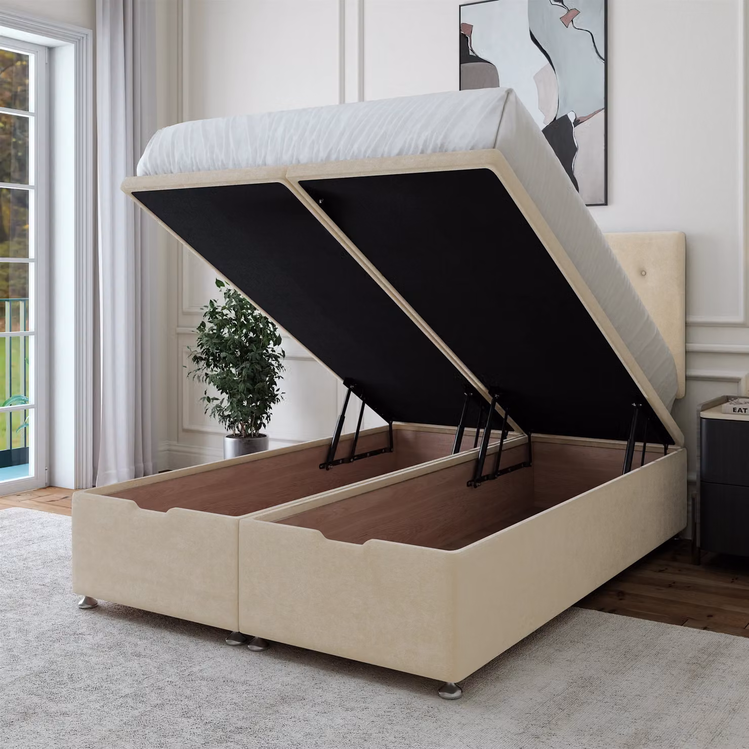 Bedmaster Luxury Velvet Ottoman Divan Base and Button Headboard in Natural Single – 2