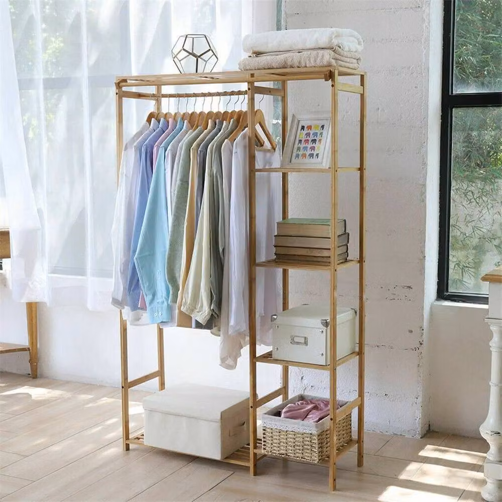 FLAVORA 6 Tier Bamboo Garment Rack Storage Wardrobe in Natural Brown – 2