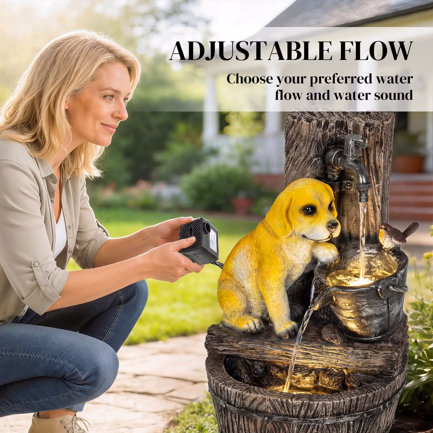 Outsunny Rustic Brown 3-Tier Puppy Design Garden Water Feature with LED Lights, Freestanding Resin Cascade, W/D/H: 56.0 x 35.0 x 6.2 cm – 4