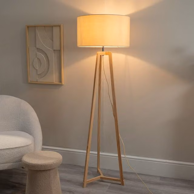 ValueLights Lottie Natural Wood Tripod Floor Lamp with Blue Fabric Drum Shade and LED Bulb, H 148 cm x W 45 cm