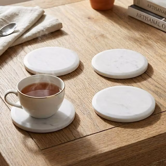 Premier Housewares Set of Four Round White Marble Coasters with Silver Accents, W/D/H: 12 x 8 x 13 cm – 2
