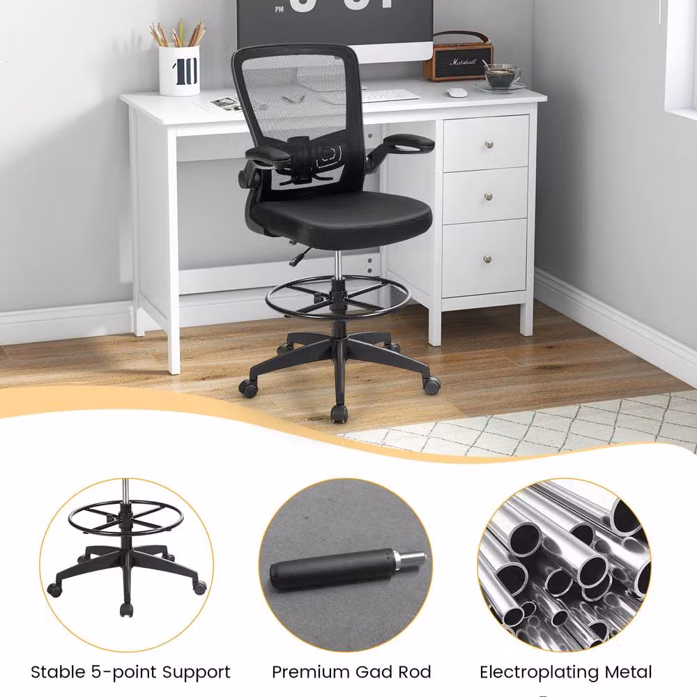 Costway 2-Piece Set of Height Adjustable Mesh Drafting Chairs with Lumbar Support and Foot Ring in Black – 6
