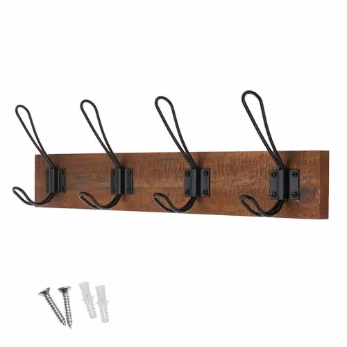 keypak Rustic Wall Mounted Coat Rack with 4 Double Wire Hooks in Brown and Black – 1