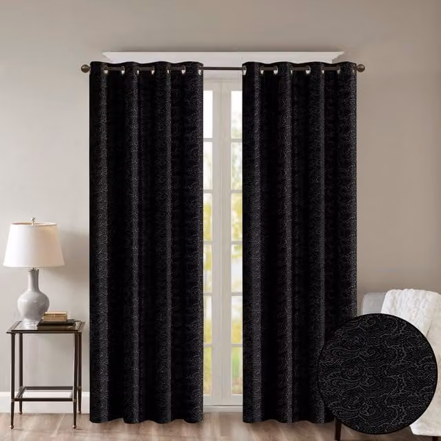 Roseley Black Floral Opaque Eyelet Fabric Panel Curtains