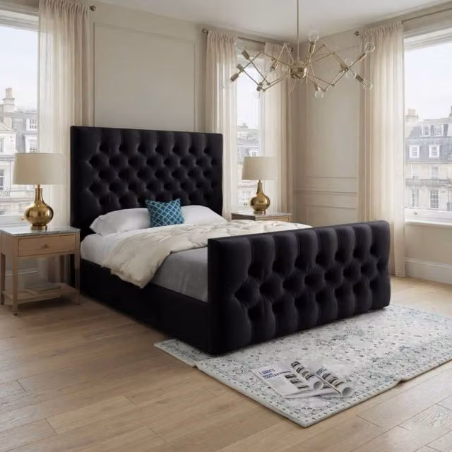 KDMD Shawford Upholstered Black Soft Velvet Chesterfield Designer Bed Frame, W/D/H: 200 x 137 x 189 cm
