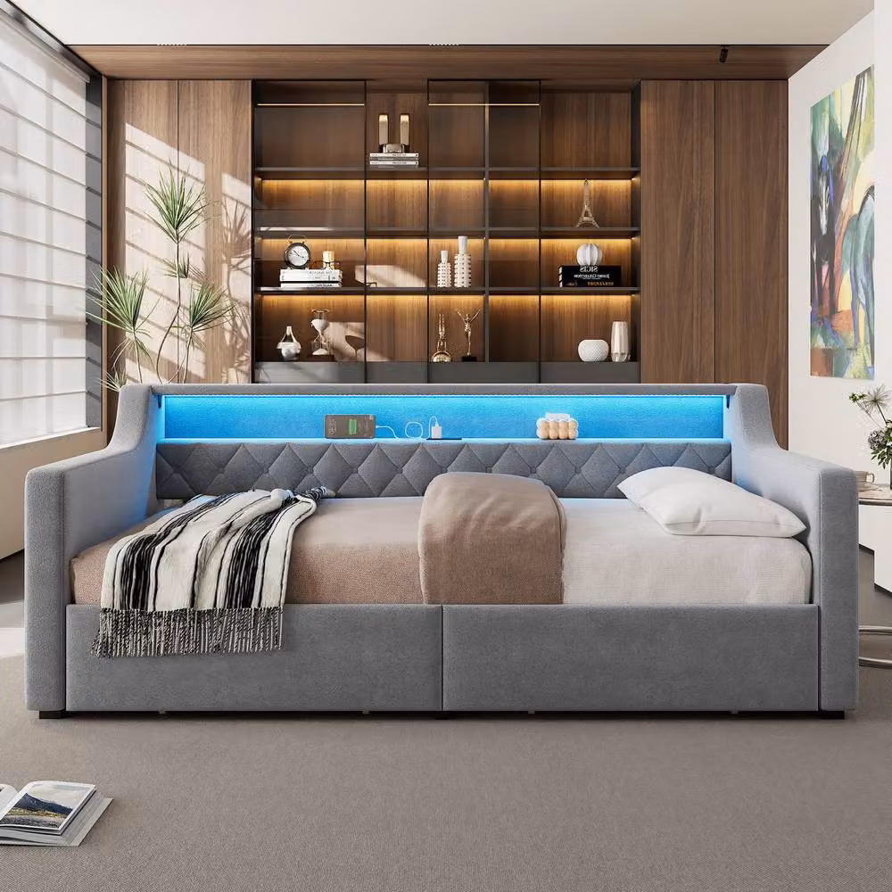 Merax Grey Velvet Single Daybed Sofa Bed with LED Lights, USB Ports and 2 Drawers, W/D/H: 190 x 90 x 74 cm – 3