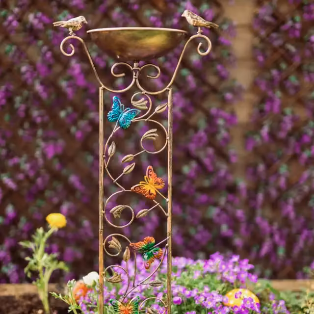 Garden Mile Bronze Effect Metal Bird Bath Feeder and Trellis in Brown
