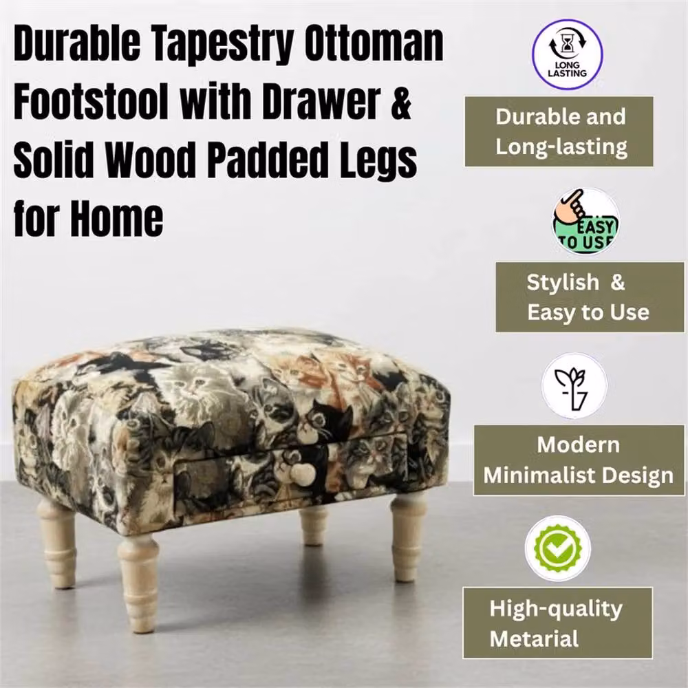 Nordara Multicolour Fabric Cat Pattern Ottoman Footstool with Drawer W: 100 cm, D: 60 cm, H: 60 cm – 4