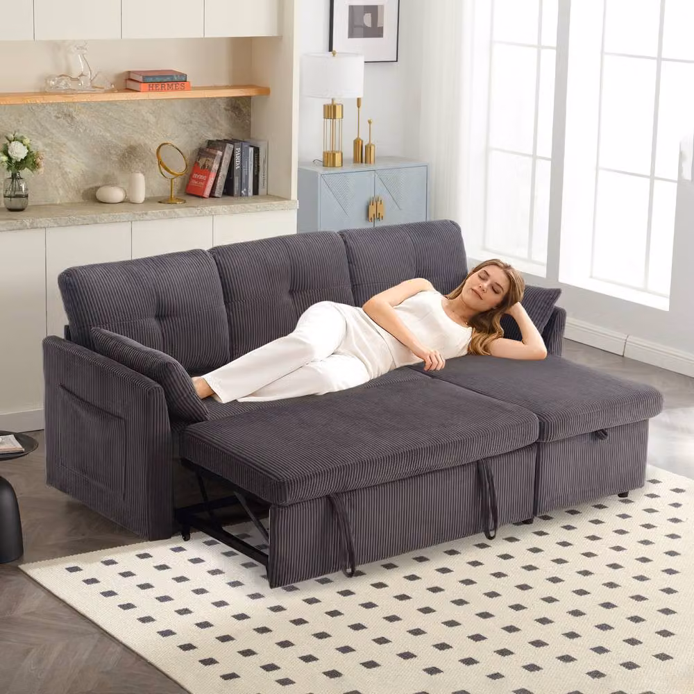 Direct Wicker Grey L-Shape 3-in-1 Convertible Sofa with Storage and Pull-Out Bed, W/D/H: 206 x 150 x 88 cm – 5
