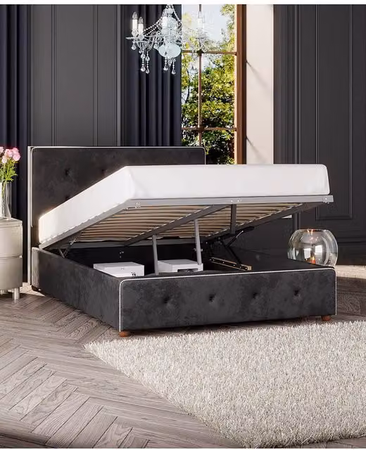 Laurence Llewelyn-Bowen Hesper Ottoman Storage Bed in Black Mirazzi Velvet Fabric, Double W/D/H: 140 x 200 cm