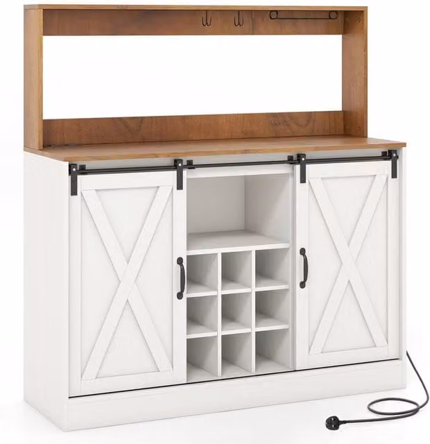 KORVIXA White and Brown Rustic Coffee Bar Cabinet with Charging Station and Glass Sliding Doors, W: 100 cm x D: 100 cm x H: 100 cm