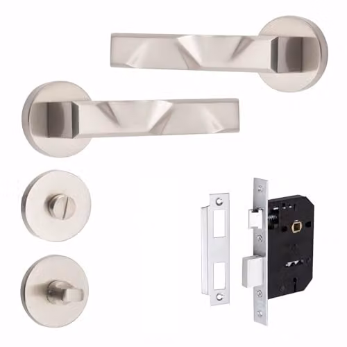 Golden Grace Nova Bathroom Door Handles on Round Rose in Brushed Silver – 1