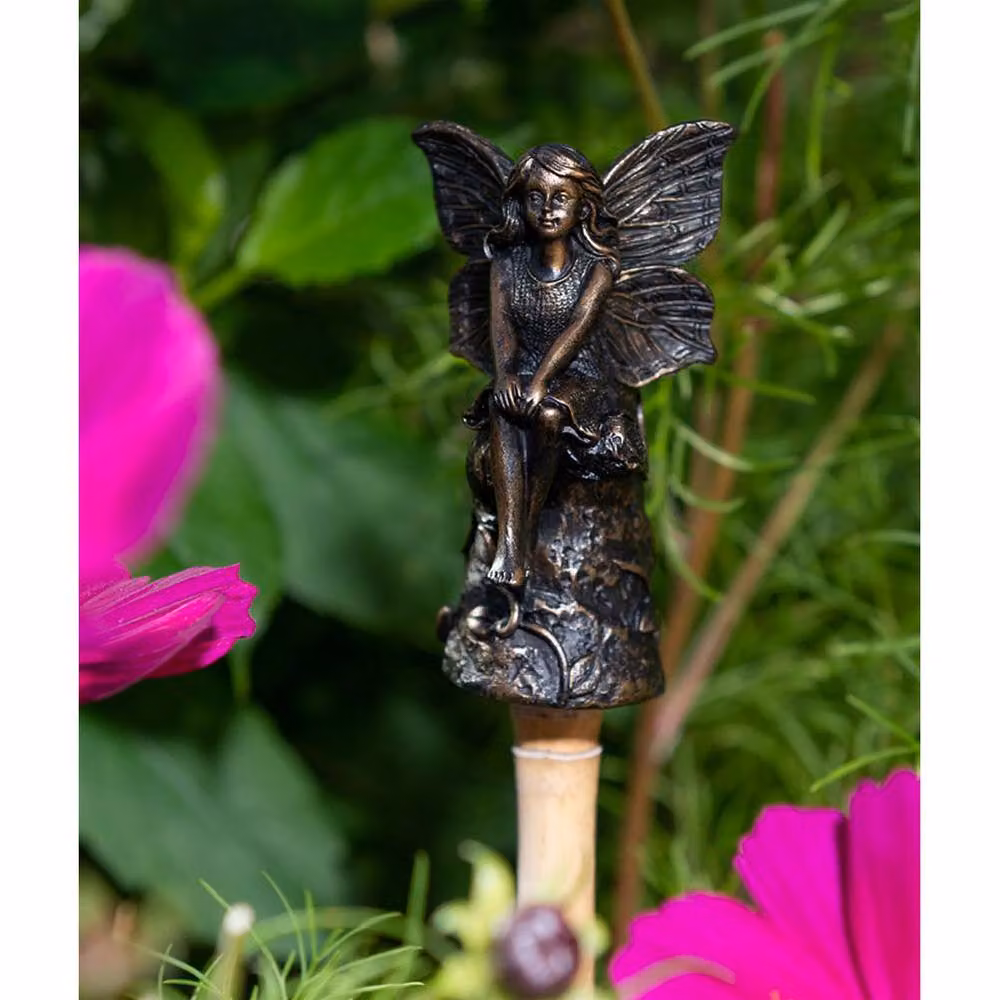 Jardinopia Fairy Sitting On Tree Stump Stake or Cane Topper in Bronze, W: 5 cm, D: 4.5 cm, H: 8.5 cm – 2