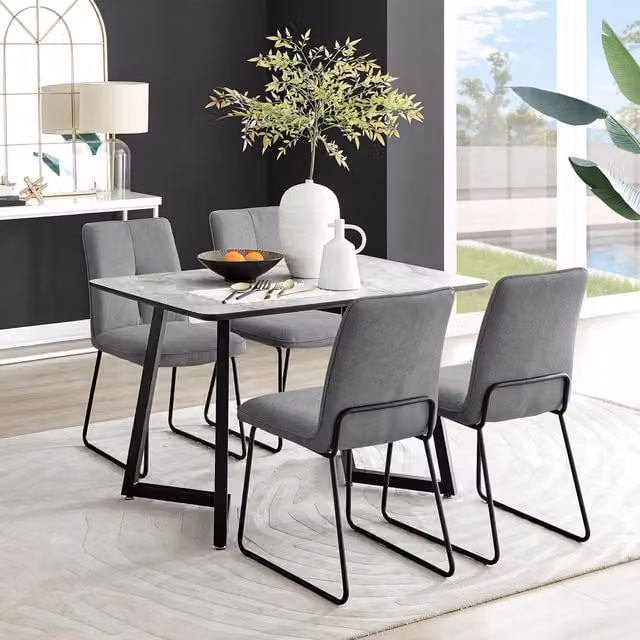 FurnitureboxUK Carson White Marble Effect Dining Table and 4 Halley Chairs in Grey and Black