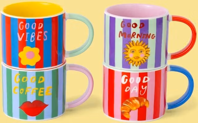 Eleanor Bowmer Set of 4 Striped Espresso Cups in Multicolour Bone China
