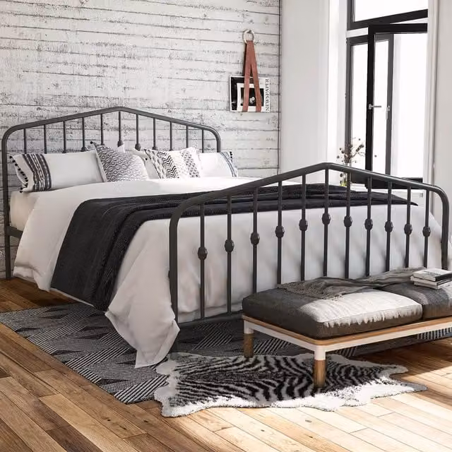 Novogratz Bushwick Industrial Metal Bed in Grey and Black, 140 x 200 cm