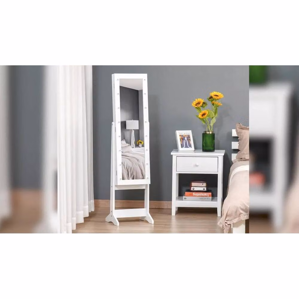PAWNORA White Freestanding LED Mirrored Jewelry Cabinet with Internal Shelves – 2